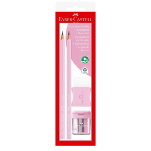 KIT ESCOLAR ROSA PASTEL 2 LÁPIS PRETO+APONTADOR+BORRACHA FABER CASTELL