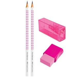 KIT ESCOLAR 2 LÁPIS PRETO+APONTADOR+BORRACHA GRIP NEON ROSA FABER CASTELL
